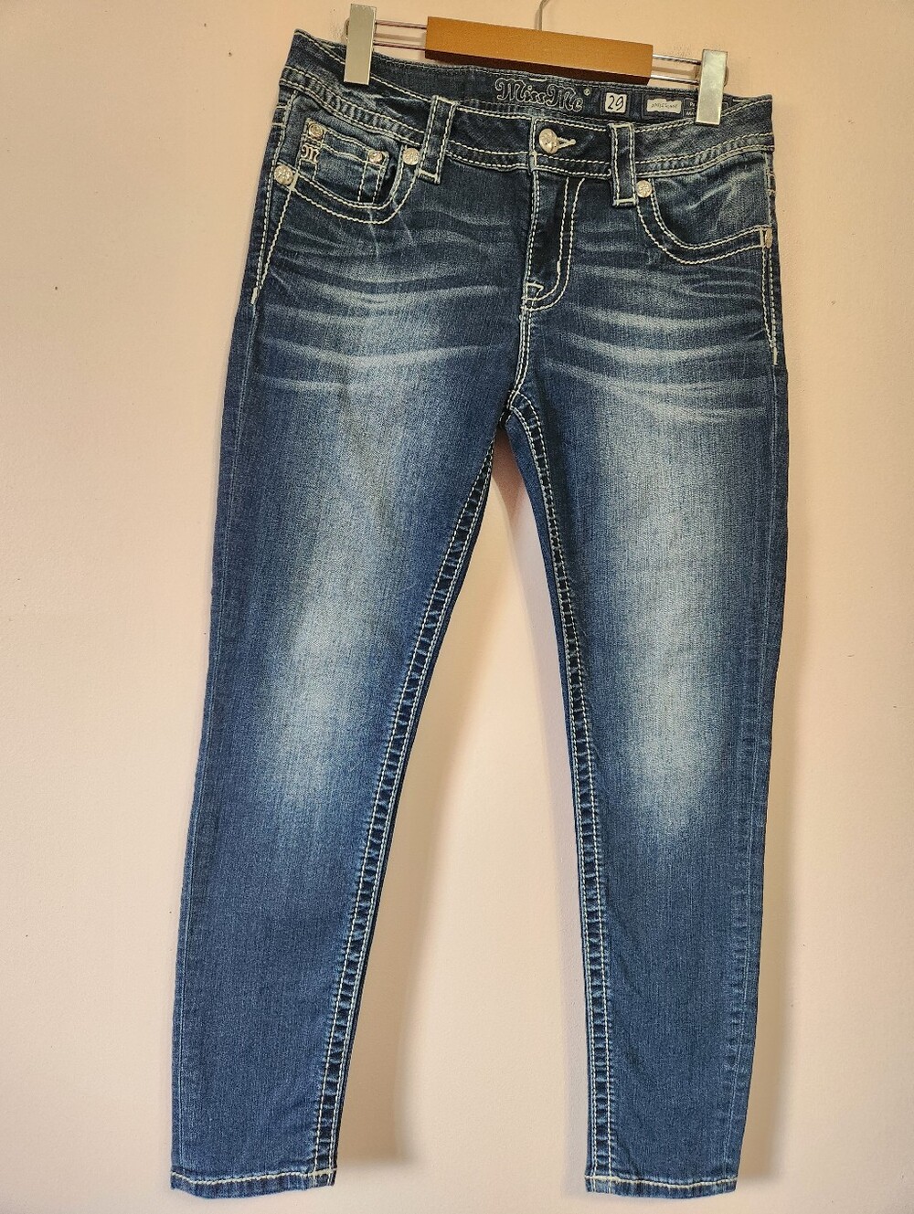 Miss Me Y2K McBling Embellished Thick Stitch Ankle Skinny Jeans Western 29